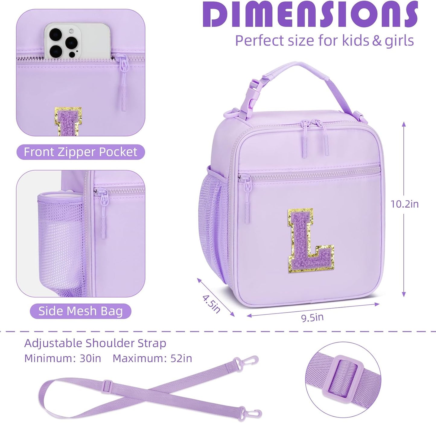 Initial Insulated Lunch Bag for Girls Kids, Back to School Gift, Reusable Leak-proof Lunch Box with Adjustable Strap for School Daycare Travel Picnic (Purple,L)