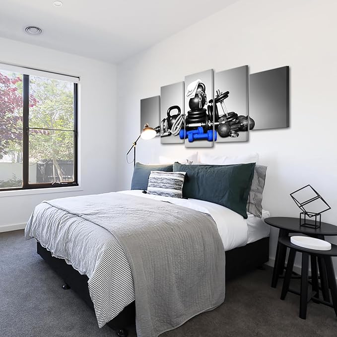 KREATIVE ARTS Large 5 Panel Wall Art Fitness Equipment Canvas Prints Black and Blue Gym Pictures for Boys Men Bedroom Artwork Painting Home Decor Sportsman Gifts Decoration