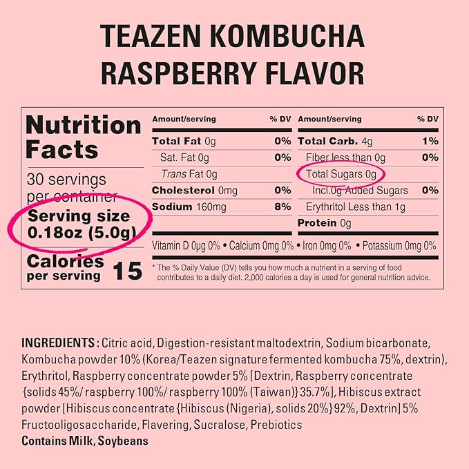 TEAZEN Raspberry Kombucha Tea, Hydration Drink Mix, Sugar Free, Live Probiotics & Prebiotics, 30 Sticks, 5.29oz