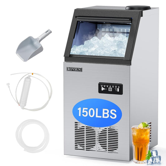 ROVSUN Stainless Steel Commercial Ice Maker Machine, Make 150lbs/24h, 24lbs Storage,Under Counter/Freestanding Automatic Ice Machine for Home Restaurant Bar Cafe