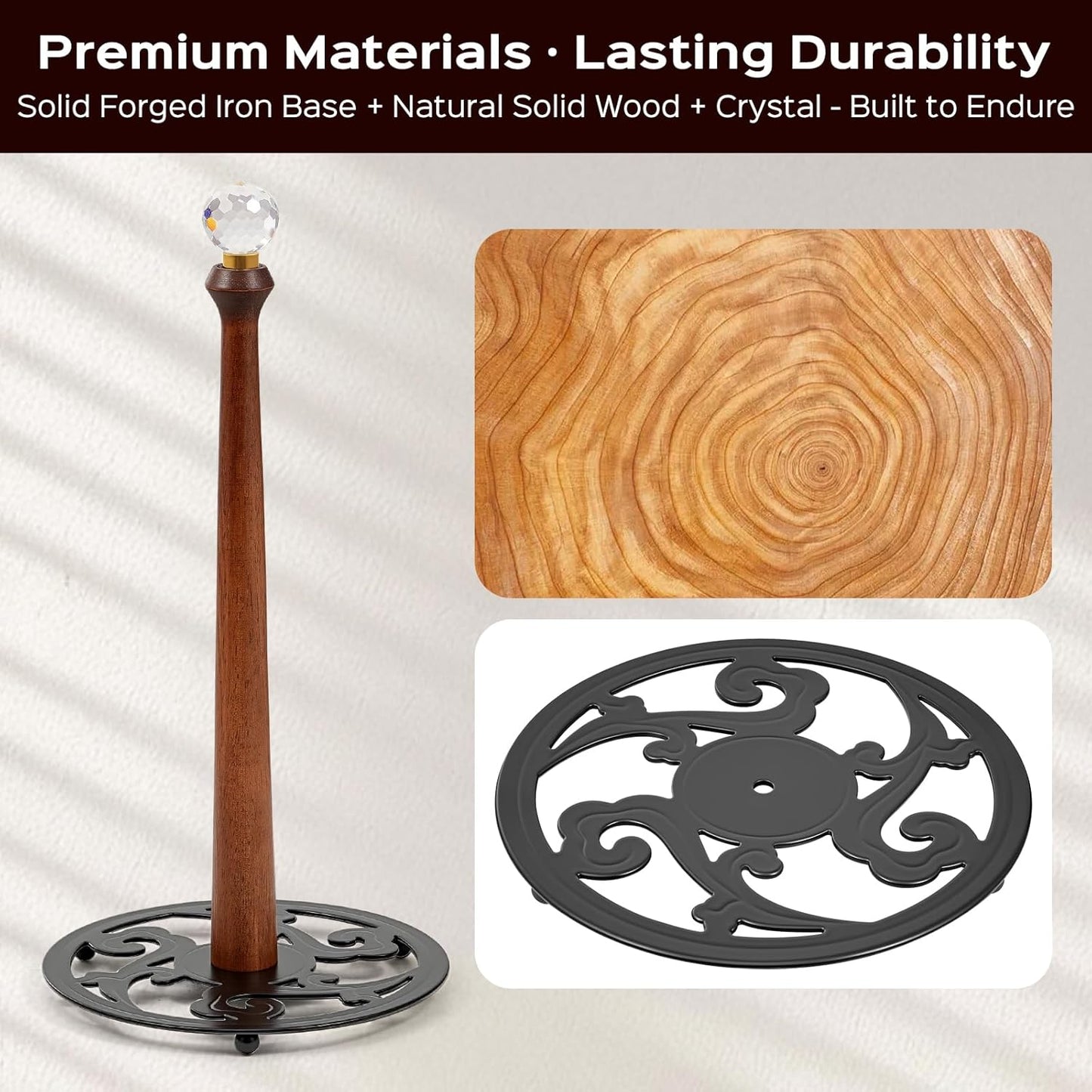 Wooden Countertop Paper Towel Holder,Iron Base with Die-Cast Pattern, Solid Wood Rod & Crystal Finial Top,Slow Reveal Artistry, Stable&Durable, Easy Install - Elevates Kitchen Décor(Black)