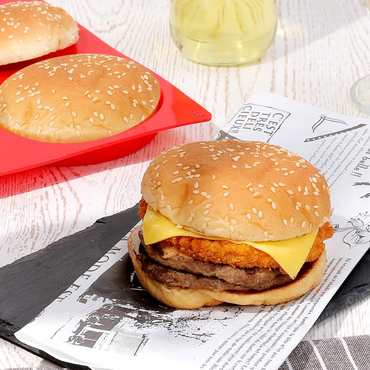 CAKETIME 4 Inch Muffin Top Pan, Silicone Egg Molds for Breakfast Sandwiches Jumbo Round Baking Pan for Oven English muffins, Whoopie Pies, Corn Bread, Egg bites, Tarts 4 Pack Red