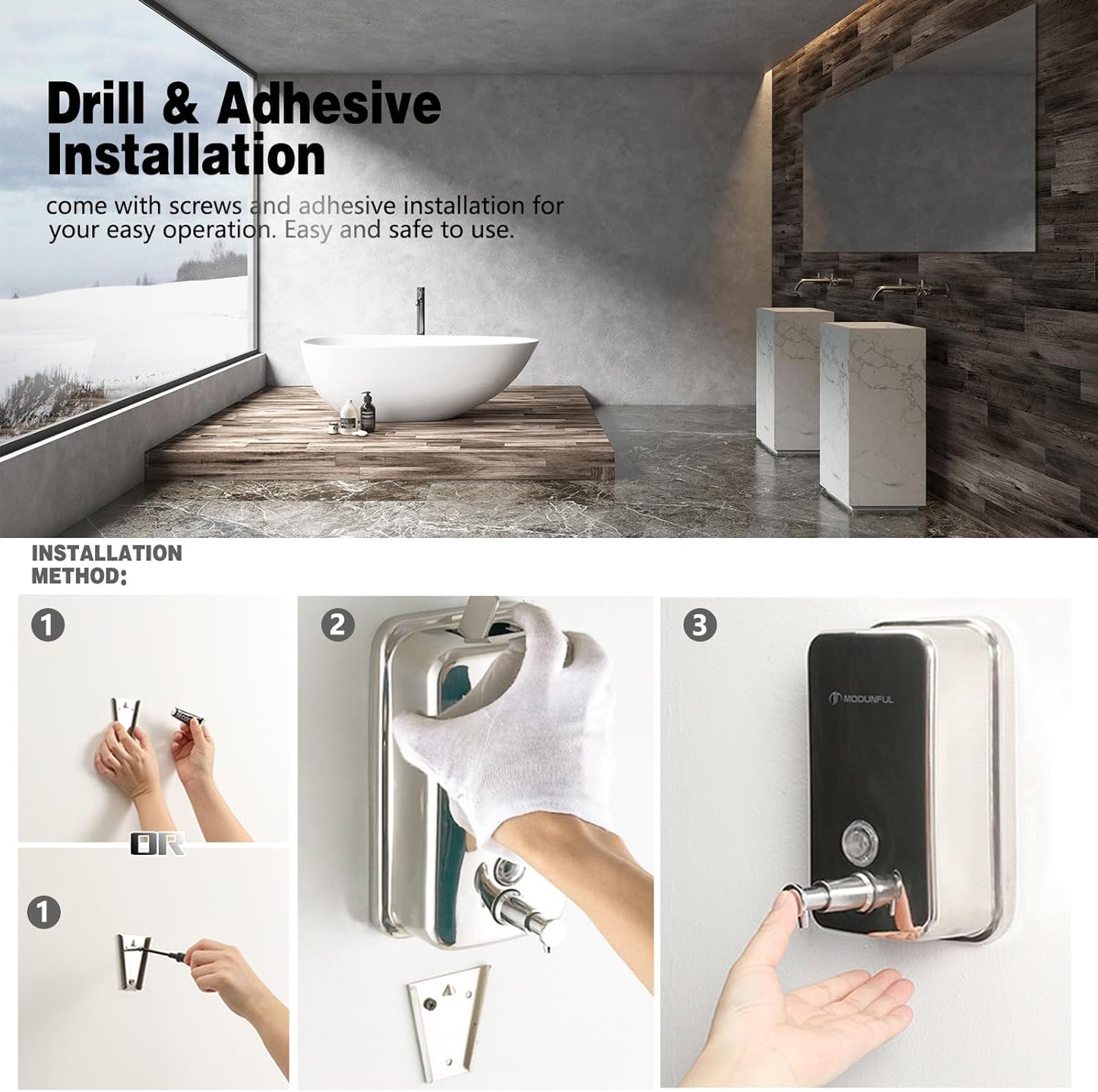 modunful Stainless Steel Soap Dispenser – 27oz Wall Mounted for Family Use, Brushed Nickel, Leak-Proof Pump, Durable Design for Busy Households