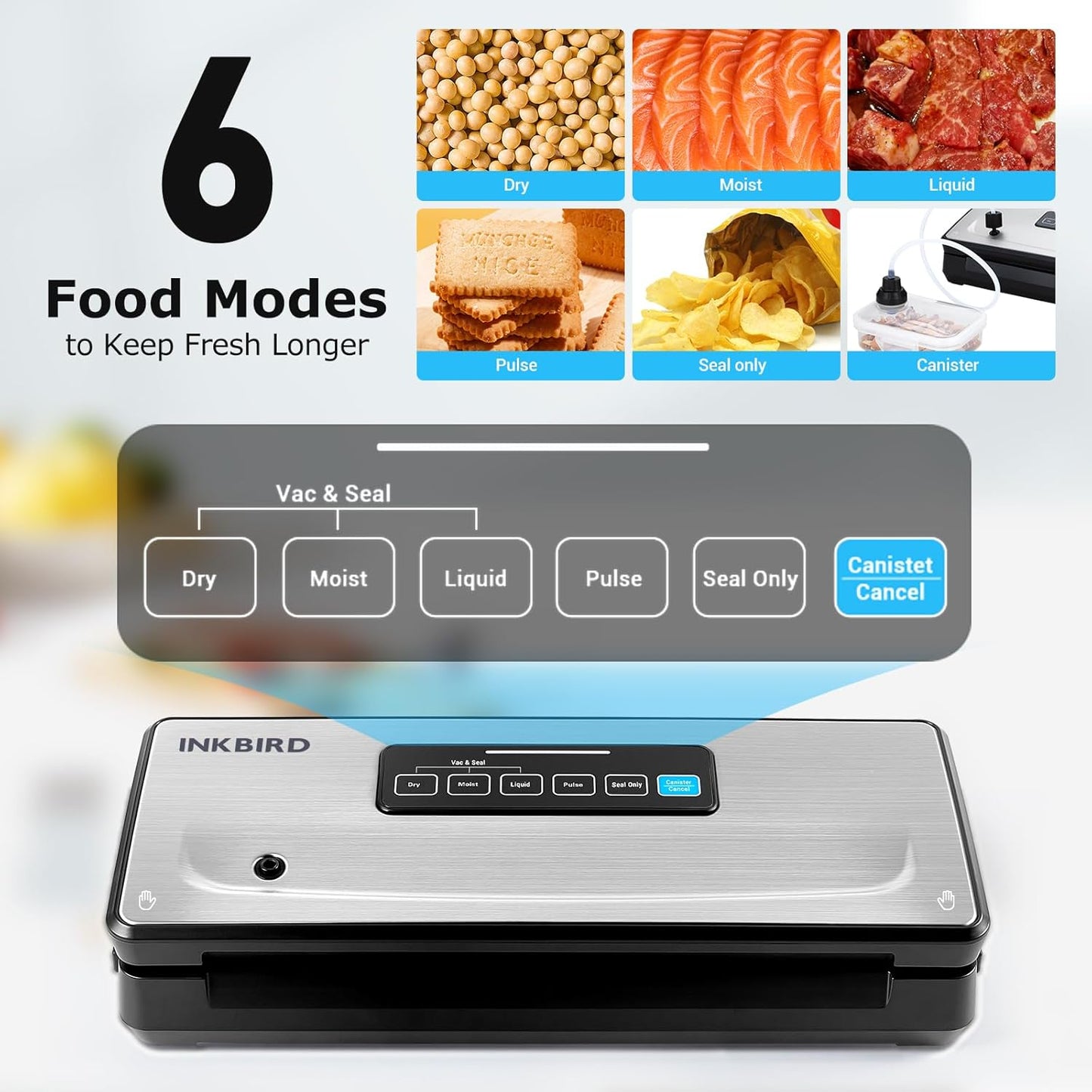 INKBIRD Vacuum Sealer Machine with 5 Vacuum Seal Rolls(Total to 110ft) and 8''*12'' Food Sealer Bags*5, Compact Food Sealer Machine with 10-In-1 Easy Option for Food Preservation,Sous Vide