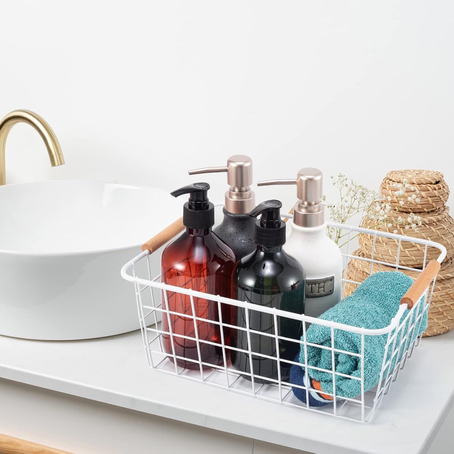 Wire Basket 2 Pcs Wire Storage Baskets Wire Baskets Organizing with Wooden Handles Wire Basket Pantry Organization and Storage Metal Wire Food Storage Basket for Kitchen, Cabinets (White 2PCS)