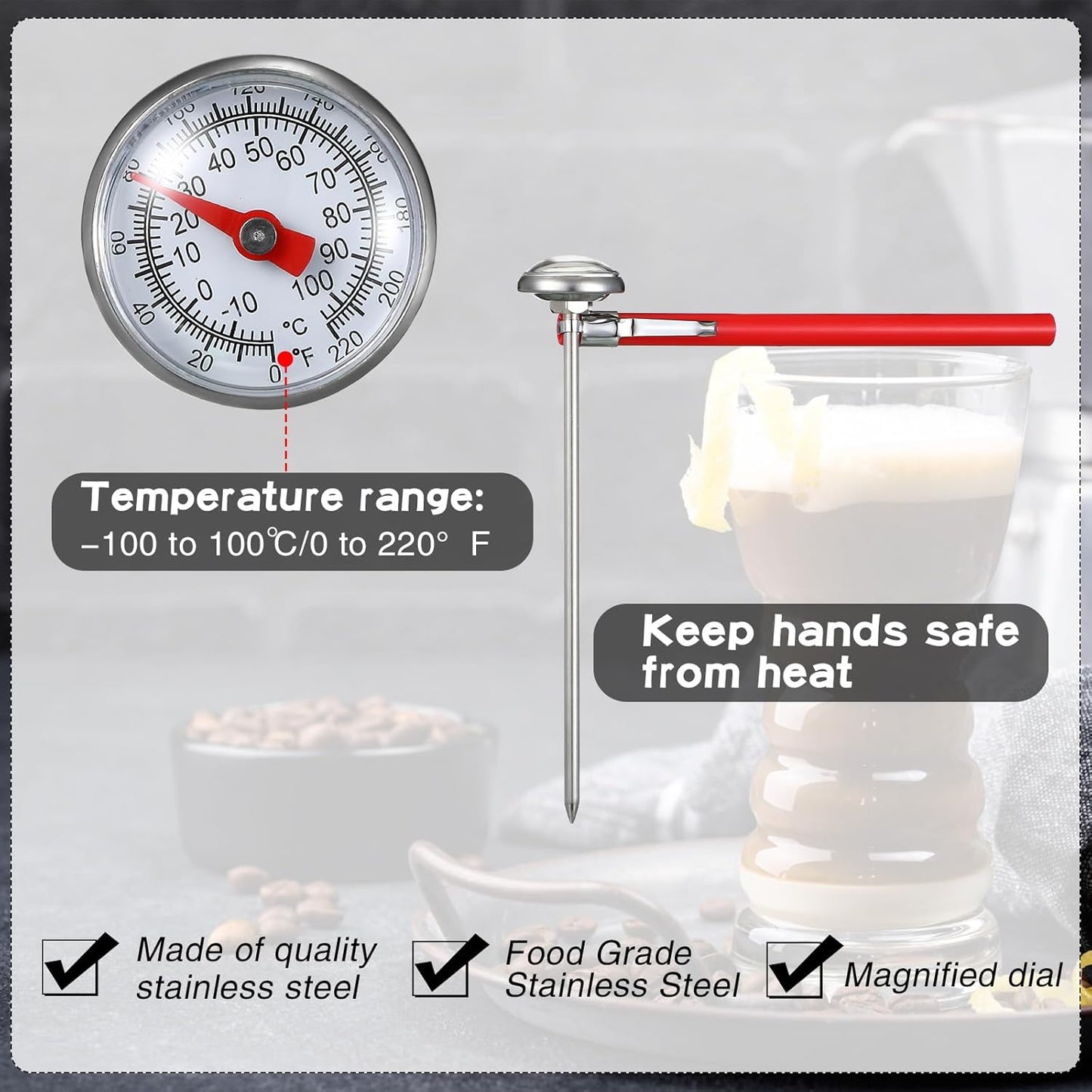 Xuhal 6 Pcs Stainless Steel Kitchen Thermometer with 5 Inch Long Stem 1 Inch Dial Thermometer Milk Frothing Food for Oven Probe Meat Grill BBQ Cooking Chocolate Water(Black, Red, White)