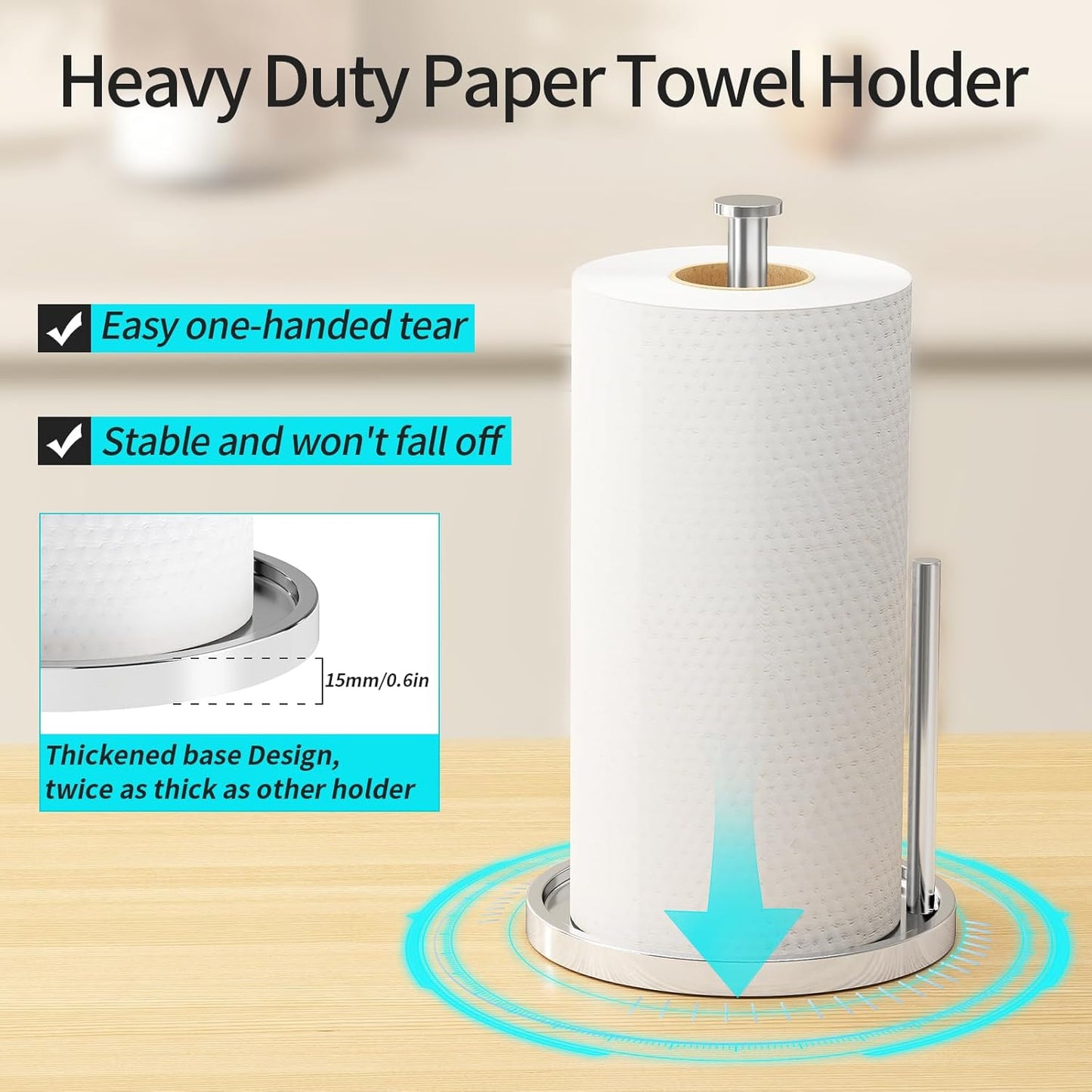 Paper Towel Holder Countertop, Standing Paper Roll Holder with Anti Slip Weighted Base, Stainless Steel Freestanding Paper Towel Holder for Kitchen, Chrome