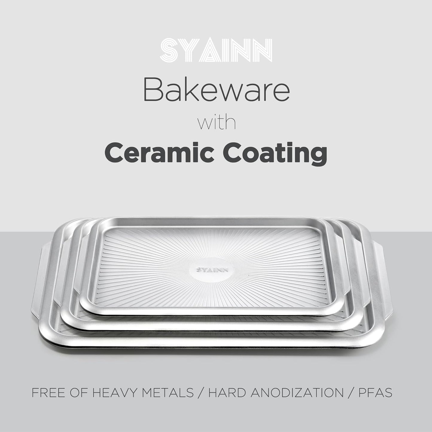 SYAINN Non-stick Ceramic Baking Sheet Set, Pack of 3 - Aluminum Steel Cookie Sheets for Baking - Includes Half/Quarter/Jelly Roll Pans - Warp Resistant, Toxic, PTFE & PFOA Free - Sliver
