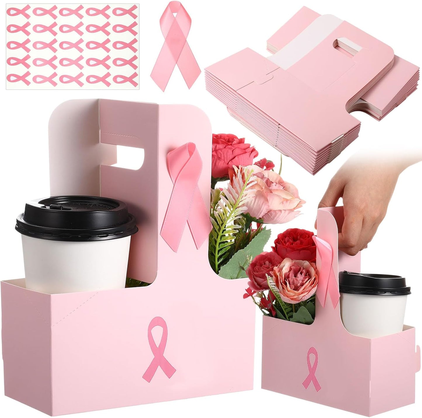 TaoBary 25 Set Breast Cancer Awareness Gifts 2 Cup Drink Carrier with Handle Pink Portable Foldable Tray Drink Holder Breast Cancer Gifts for Woman Disposable Coffee Cup Holder with Pink Ribbon