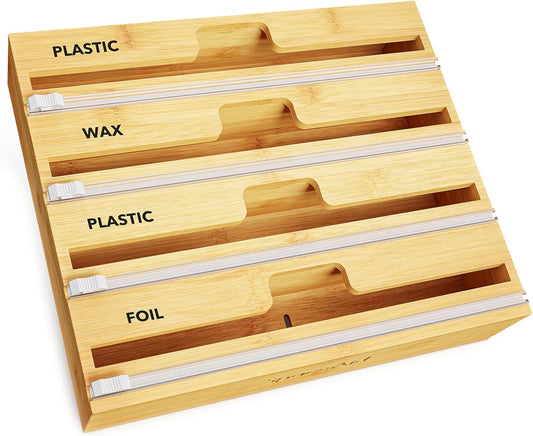 SpaceAid WrapNeat 4 in 1 Wrap Organizer with Cutter and Labels, Plastic Wrap, Aluminum Foil and Wax Bamboo Dispenser for Kitchen Storage Organization Holder for 12" Roll (Natural, 4-Slot)