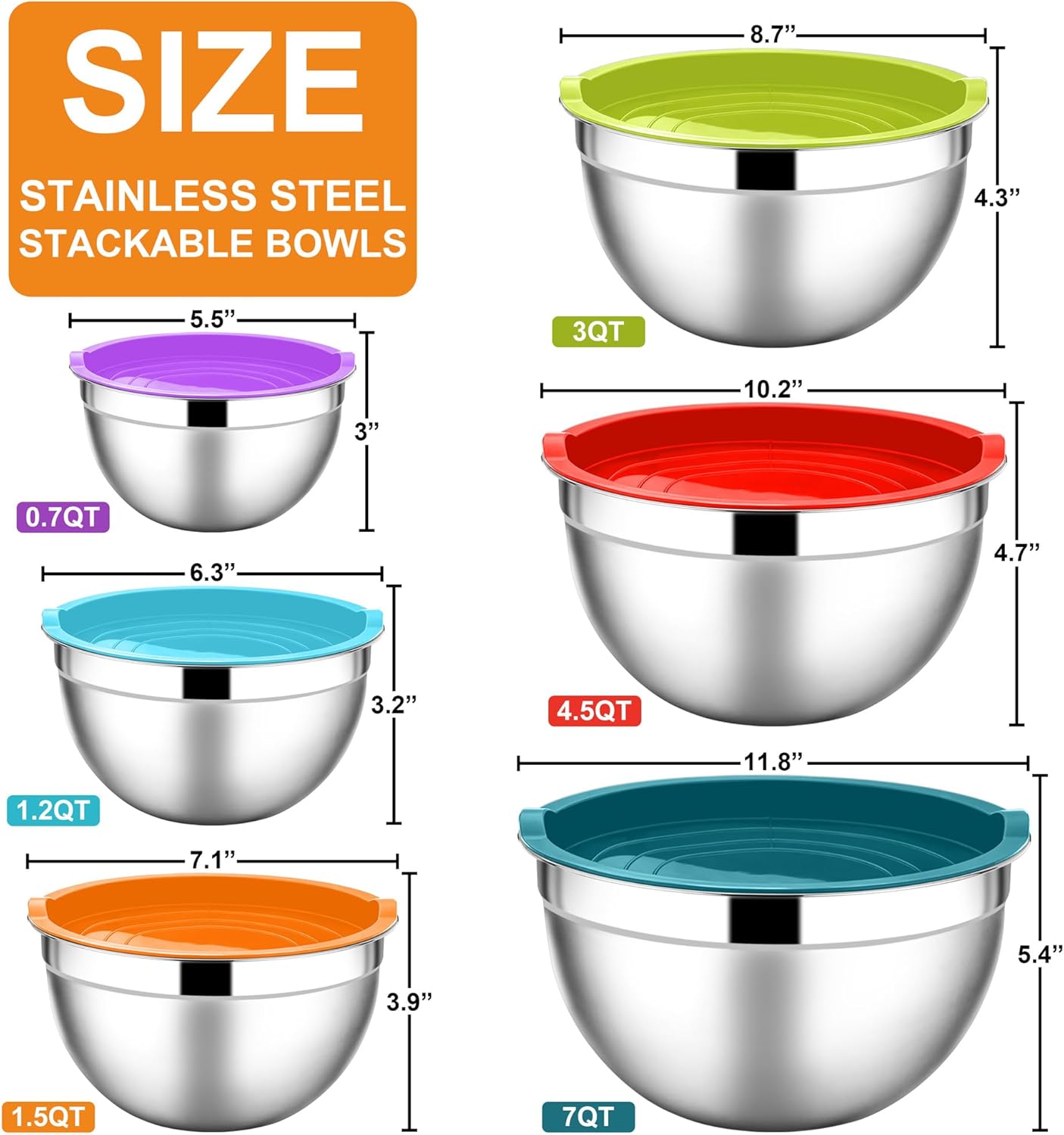 E-far Mixing Bowls with Lids, 12-Piece Stainless Steel Salad Bowls Metal Nesting Bowls for Baking Cooking and Prepping, Airtight Lids & Stackable Design, Size 7, 4.5, 3, 1.5, 1.2, 0.7 QT (Colorful)