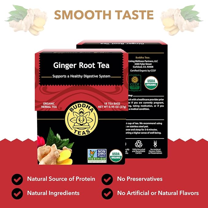 Buddha Teas - Organic Ginger Root Tea - Herbal Tea - For Health & Wellbeing - With Antioxidants & Minerals - Clean Ingredients - Caffeine Free - OU Kosher & Non-GMO - 18 Tea Bags (Pack of 1)