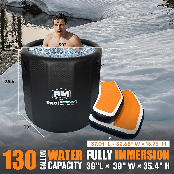 Inflatable Ice Bath Tub for Athletes, Cold Plunge Recovery Tub with Non-Slip Step, Insulated Lid, EVA Groundsheet, Backpack, 115 Gallon Capacity, 39" x 39" x 35.4", Portable Durable Design