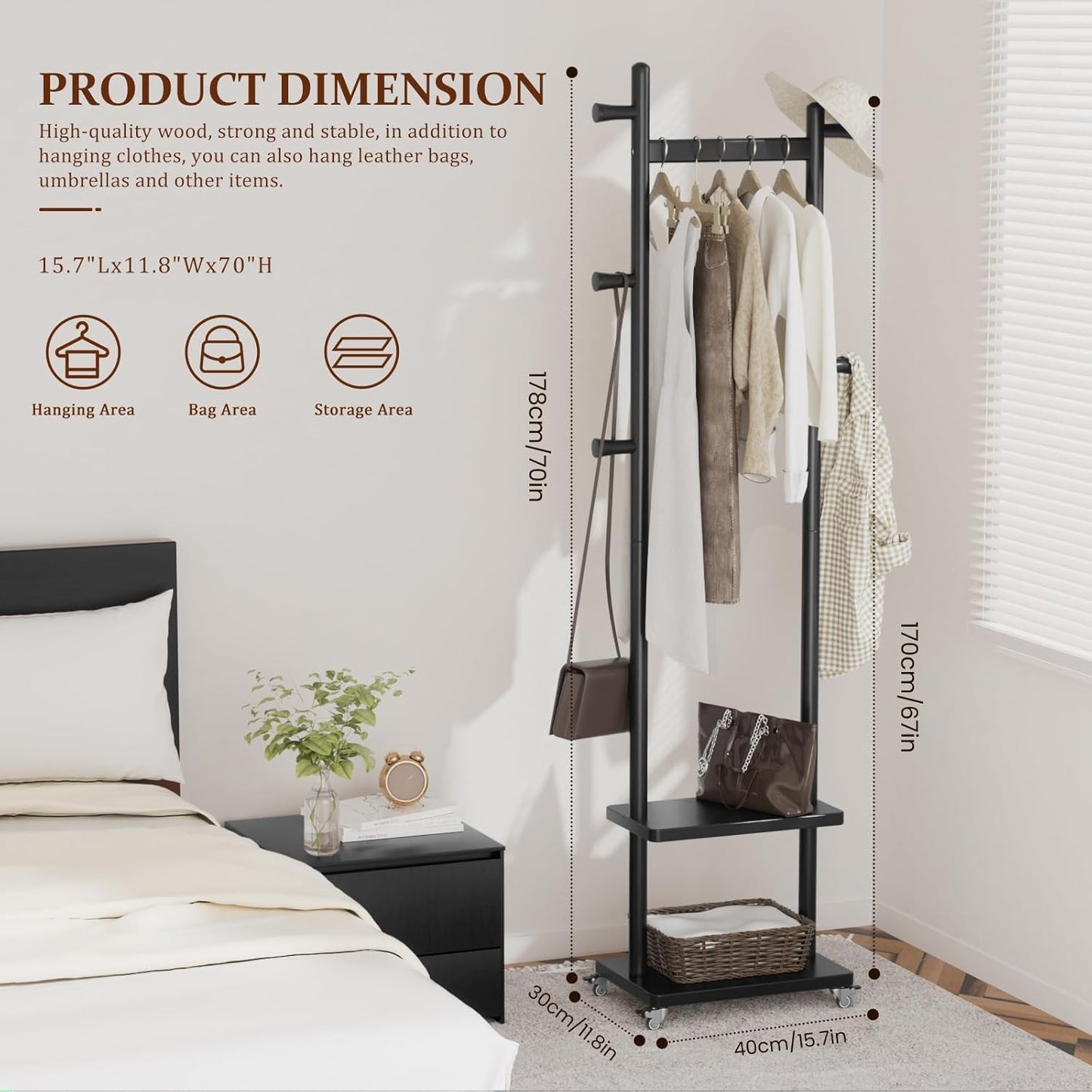 Solid Wood Coat Rack Freestanding Clothing Rack with Wheels & 2 Shelves Storage & 5 Hooks Heavy Duty Clothes Rack Wood Coat Tree Stand Hat Hanger Rack for Corner Bedroom Entryway Living Room Hotel