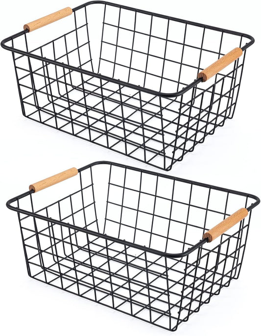Wire Basket 2 Pcs Wire Storage Baskets Wire Baskets Organizing with Wooden Handles Wire Basket Pantry Organization and Storage Metal Wire Food Storage Basket for Kitchen, Cabinets (Black 2PCS)