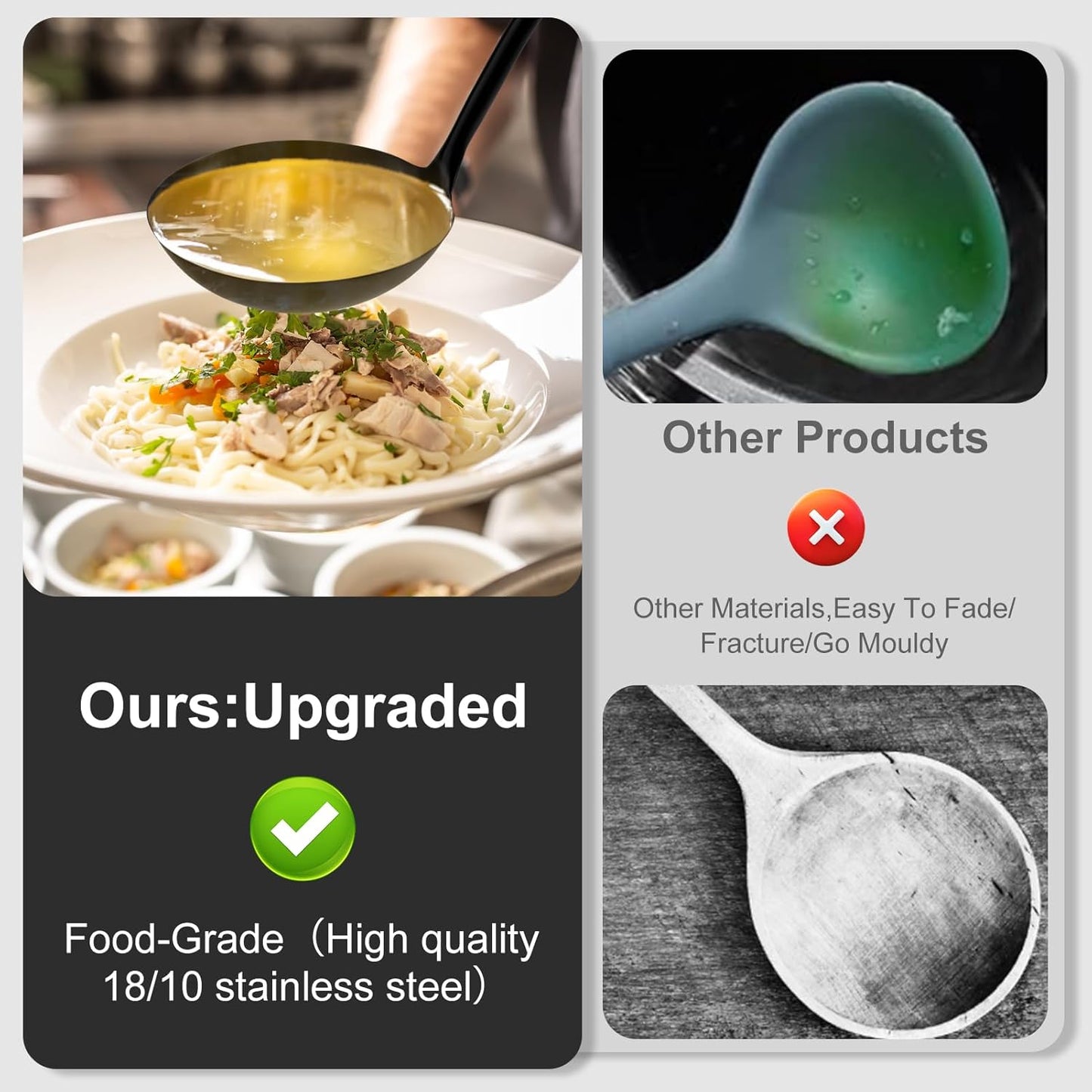 Soup Ladle - 18/10 Stainless Steel Ladle Spoon, 13.8" Soup Spoons [ Integral Forming, Heat Resistance] Resilient Kitchen Metal Ladel for Cooking, Serving, Stirring, Canning，Sauce, Wok & Soup，Black