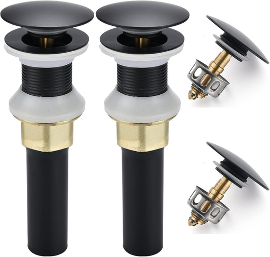 Bathroom Sink Drain,2 Pack Drain Stopper Bathroom Sink Without Overflow,Pop Up Drain Assembly with Detachable Strainer Basket,Built-in Anti-Clogging Strainer,Stainless Steel Mattle Black
