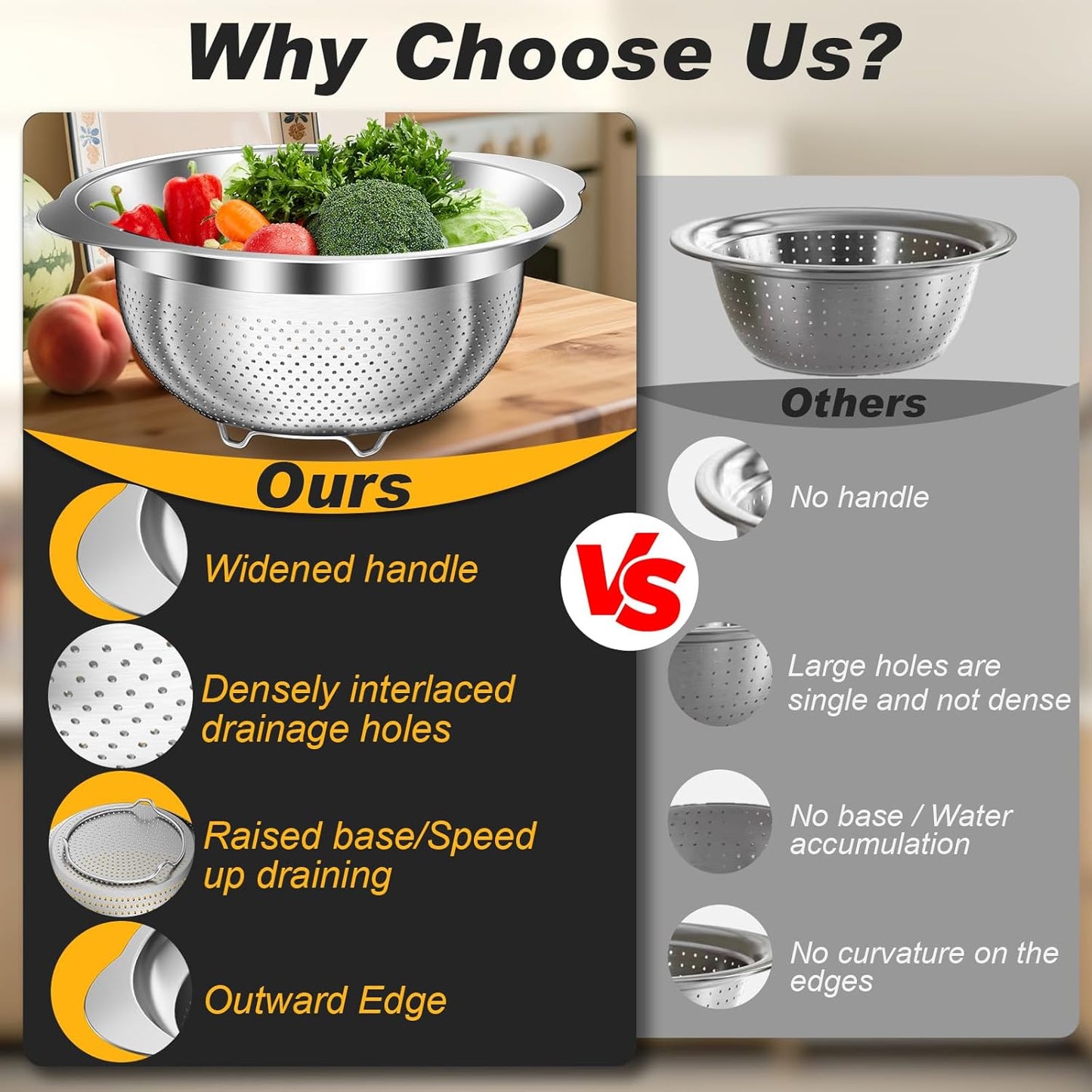 Colander, Stainless Steel Colander for Kitchen, 3Pcs Kitchen Gadget Food Strainer Basket with Handle, Kitchen Strainer Colanders Bowl for Pasta Noodles Spaghetti Vegetables Fruit (2QT, 3QT, 5QT)