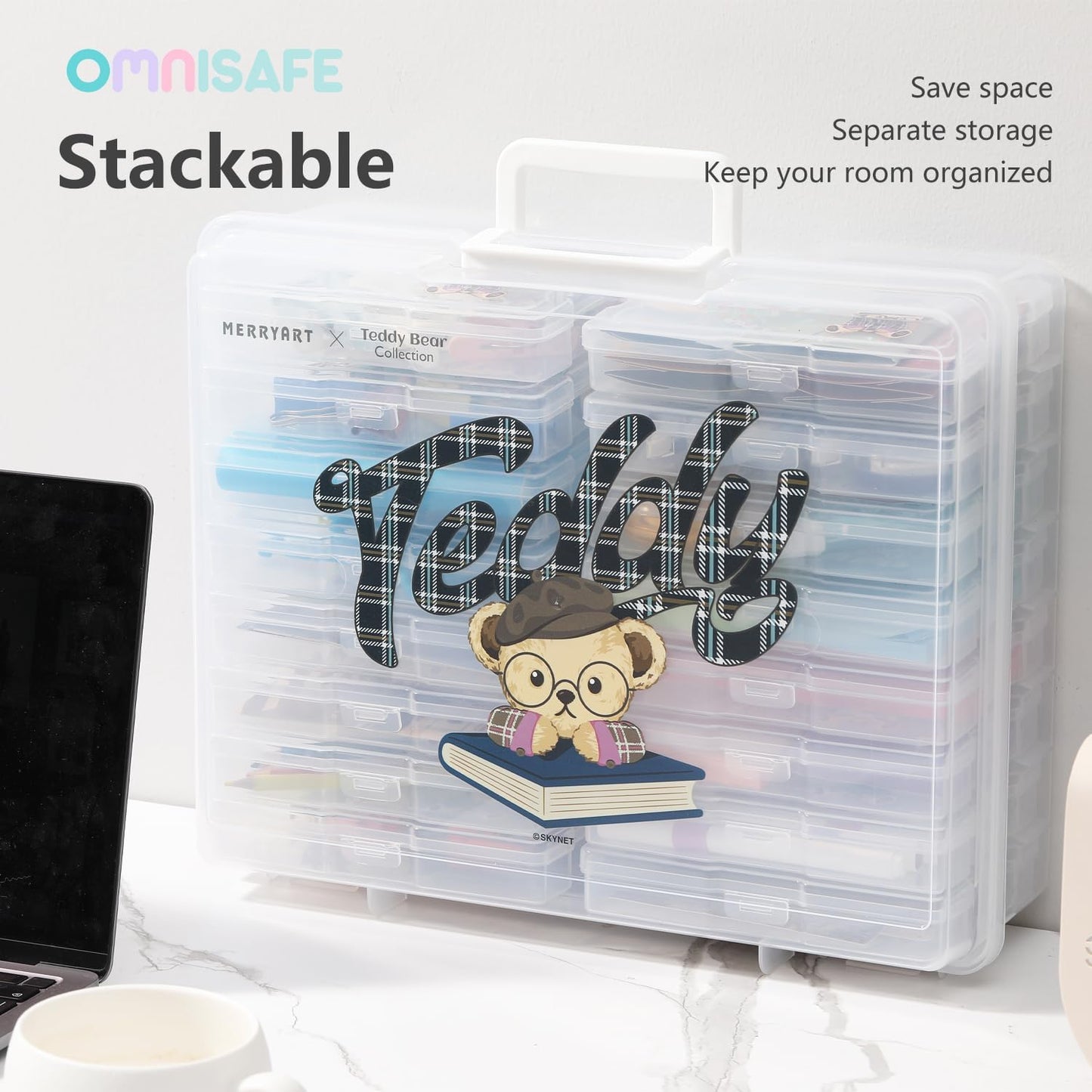 OMNISAFE 4x6 Photo Organizer Cases, Teddy Bear 16 Pack Plastic Craft Storage Container, Box for Pictures, Crafts, Scrapbooking, Transparent Photo Keeper with Handle (Campus Brown)