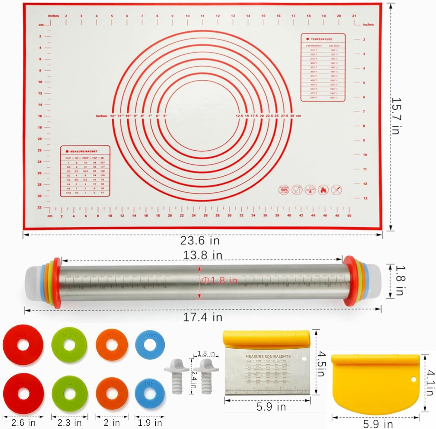 MIKULA Rolling Pin, Rolling Pins Thickness Rings and Silicone Baking Pastry Mat Set, Stainless Steel Dough Roller Rolling Pins for Baking & Bench Scraper For Pizza, Cookies, Pie, Pasta, Pastries