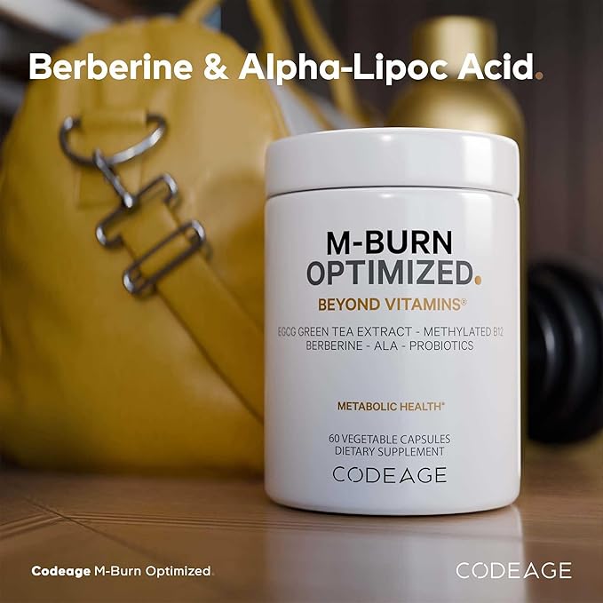Codeage M-Burn Optimized Supplement - Decaffeinated Green Tea Std. to 50% EGCG, Berberine, Akkermansia, Vitamin B12 - Probiotics - Vitamins - 60 Capsules