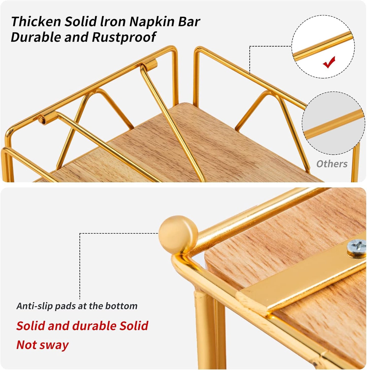 Square Napkin Holder - Durable Table Napkin Dispenser with Weighted Arm, Metal Napkin Storage with Wooden Base, Farmhouse Napkin Holder for Table, Kitchen and Countertops (Gold)