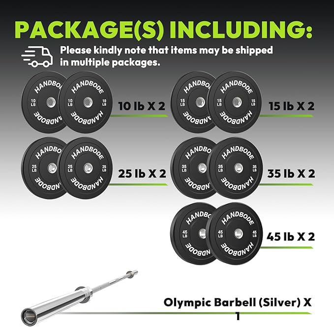 Olympic Bumper Plates Set 2 Inch, 10-55 lbs Rubber Weight Plates with 45 lb (20kg) Black/Silver Barbell, Strength Training & Weight Lifting for Home Gym