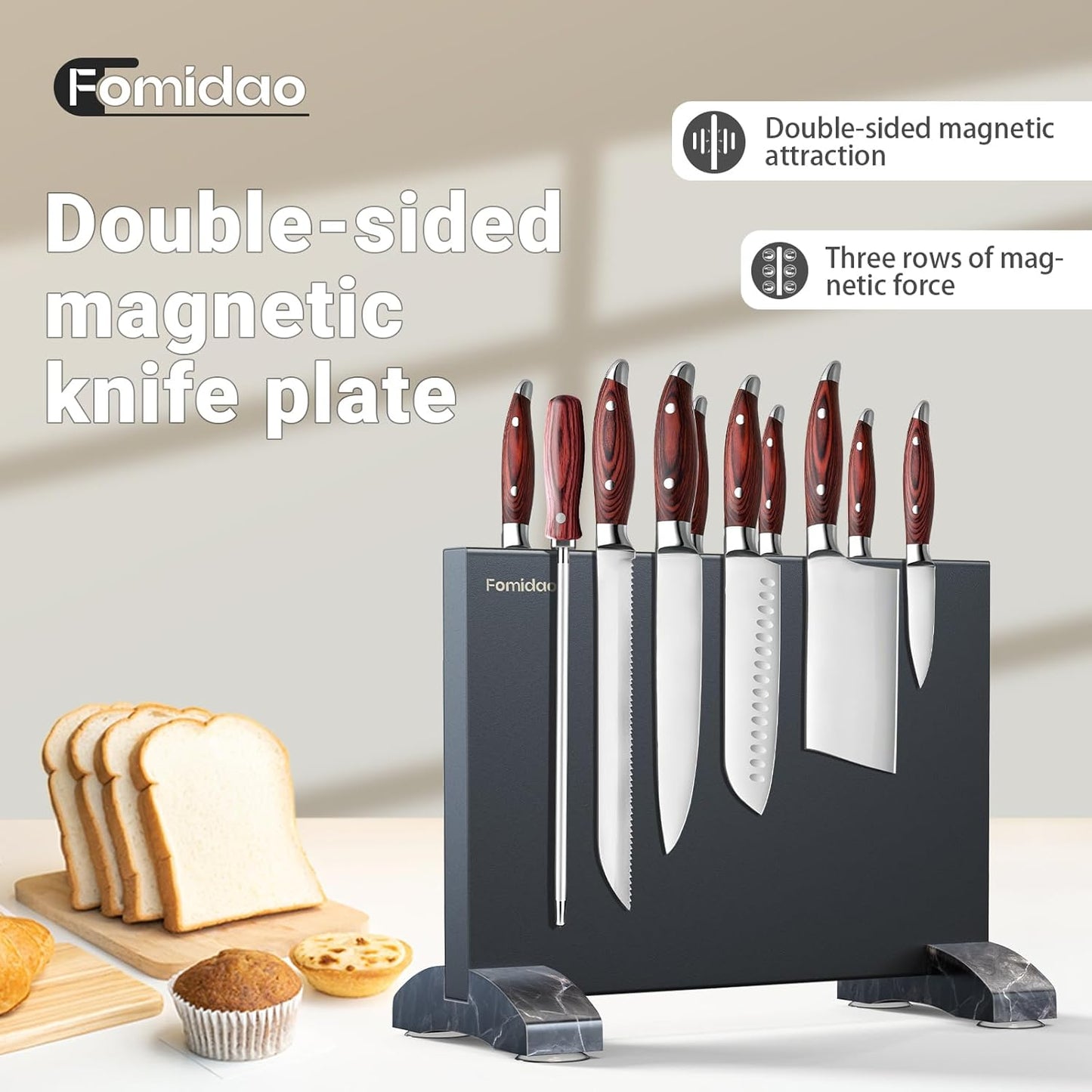 Magnetic Knife Holder Block,Black Magnetic Knife Stand for Kitchen Counter Top,Double Sided Stainless Steel Knife Storage,Strong Magnet Knife Rack