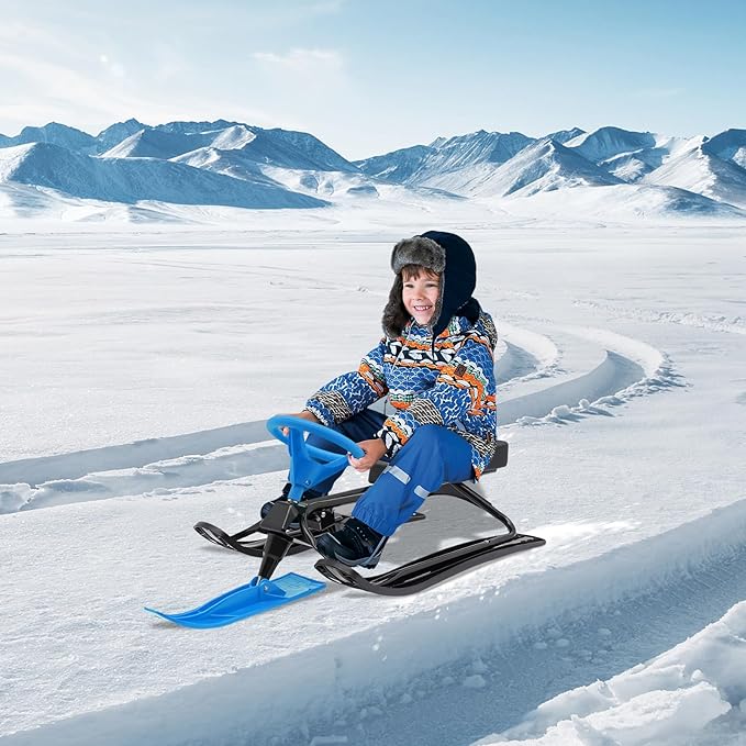 Snow Racer Sled, Ski Sled Slider Board with Steering Wheel, Twin Brakes, Anti-Slip Pedal, Snow Sled for Kids