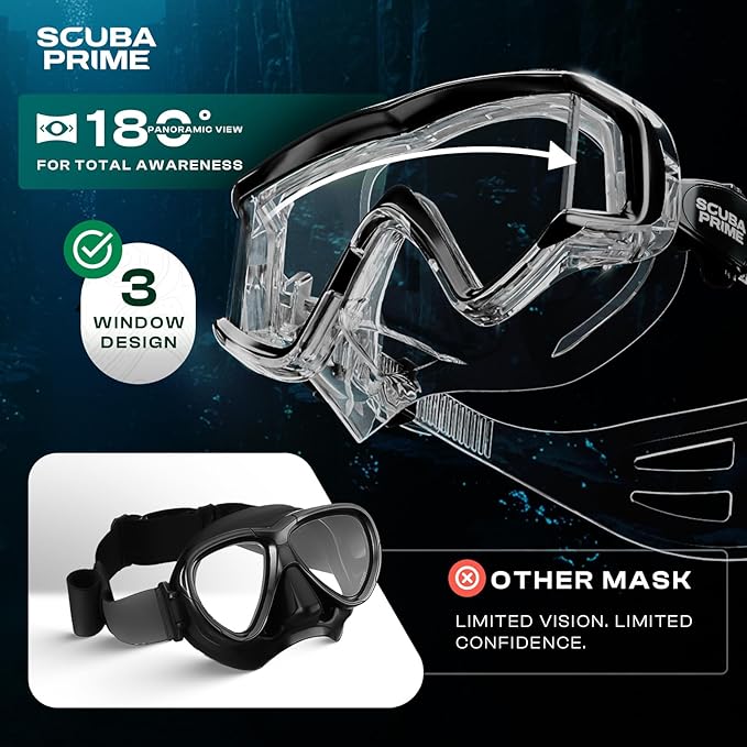 Pano 3 Scuba Diving Mask, Tempered Glass Snorkel Mask Three-Window Scuba Mask No-Leak Dive Mask Silicone Skirt Diving Mask for Snorkeling and Scuba Use