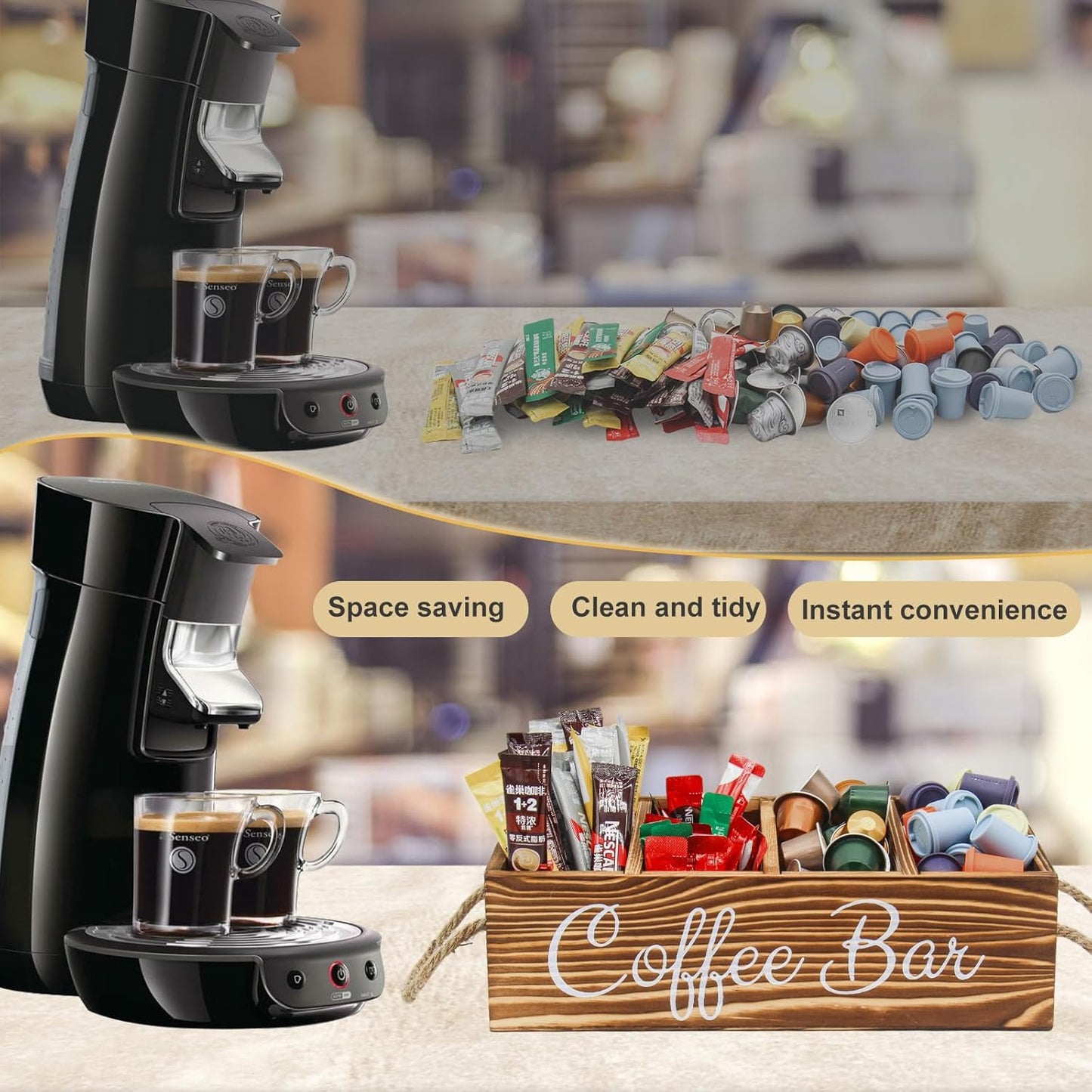 Wooden Coffee Pod Holder Coffee Station Organizer for Countertop Kcup Storage with Removable Dividers Bar Accessories Table Decor Tea Condiment Storage Box