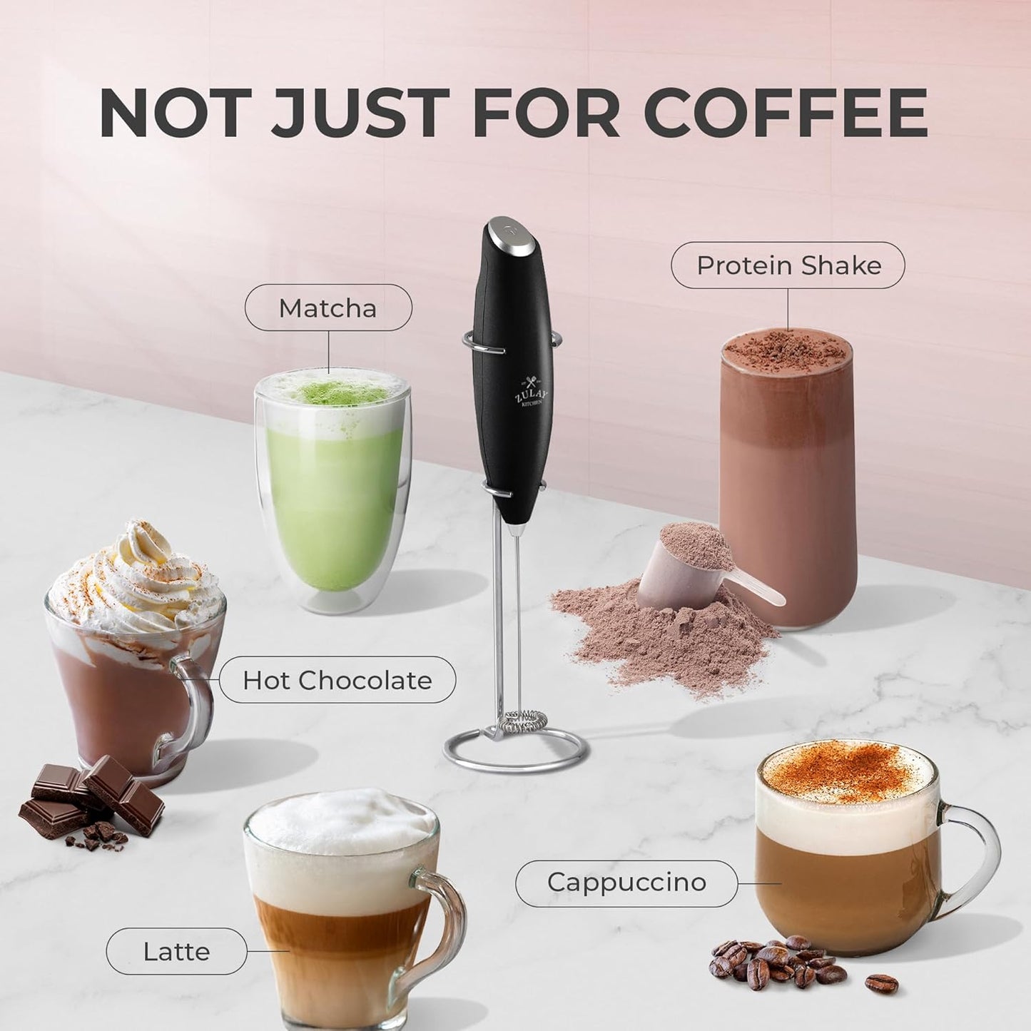 Zulay Kitchen Powerful Milk Frother Wand With 4 AA Duracell Batteries - Ultra Fast Handheld Drink Mixer - Electric Whisk Foam Maker for Coffee, Lattes, Cappuccino, Matcha & Creamer -