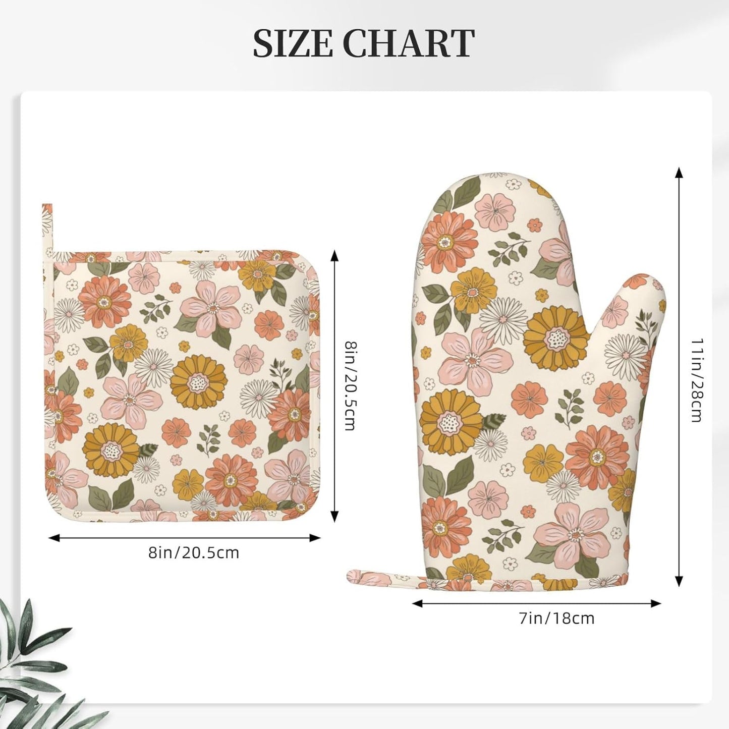 Retro 70s Style Flower Oven Mitts and Pot Holders Set of 4 Silicone Retro Boho Groovy Flower Kitchen Mitten Gloves and Non-Slip Potholders Set Heat Resistant Oven Gloves Hot Holders for BBQ