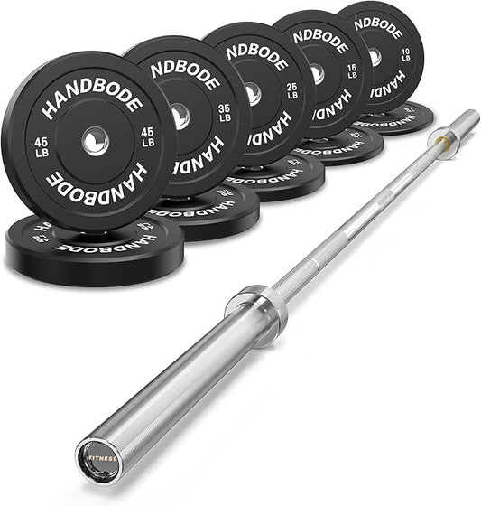 Olympic Bumper Plates Set 2 Inch, 10-55 lbs Rubber Weight Plates with 45 lb (20kg) Black/Silver Barbell, Strength Training & Weight Lifting for Home Gym