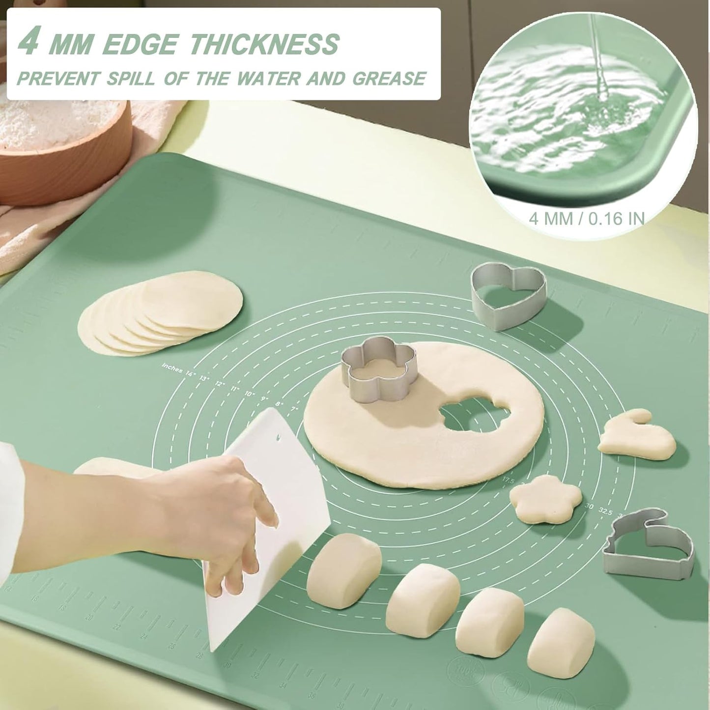Silicone Pastry Mat 28" x 20" Extra Thick Dough Rolling Mat with Measurements and Edge Heightening, Non-stick Food Grade Silicone Baking Mats for Pastry, Bread, Cookies, Pizza, Fondant, Pasta