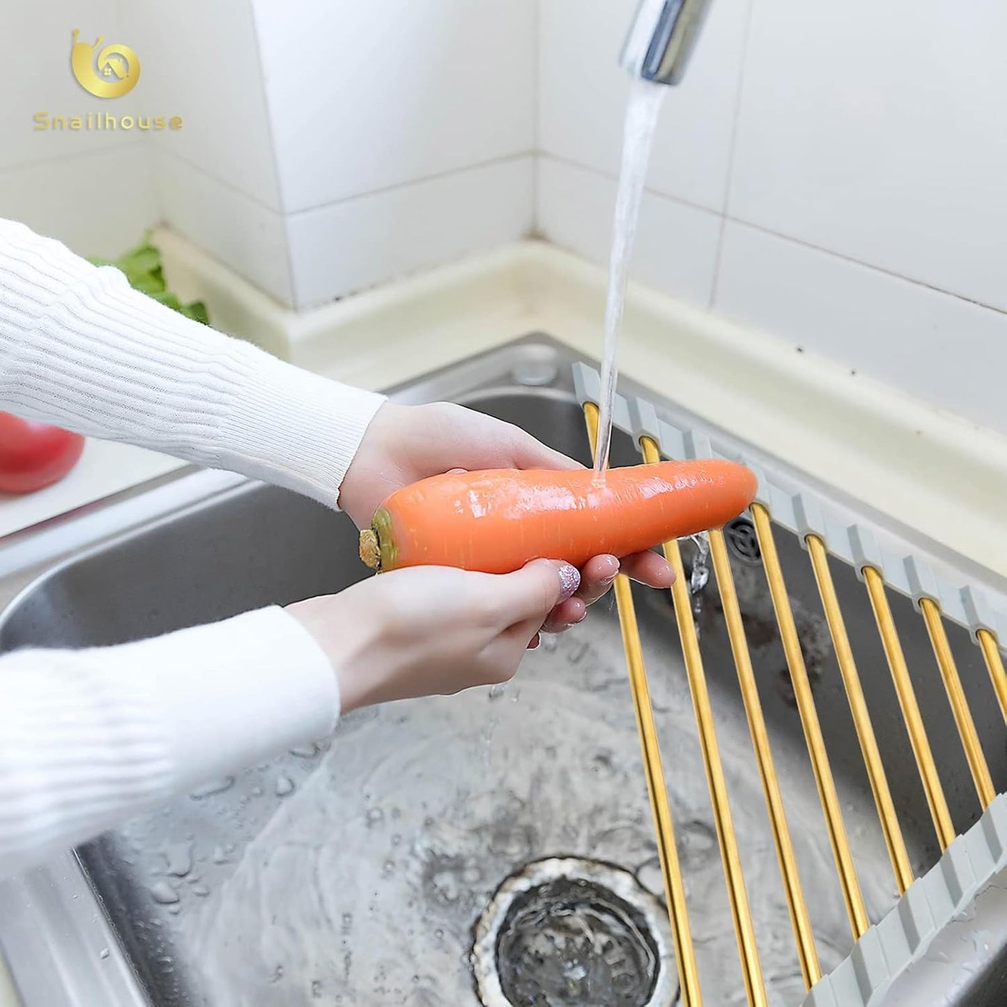 Snailhouse Small Triangle Roll Up Dish Drying Rack, Stainless Steel Kitchen Foldable Sink Caddy Organizer Sponge Holder for Sink Corner, Gold