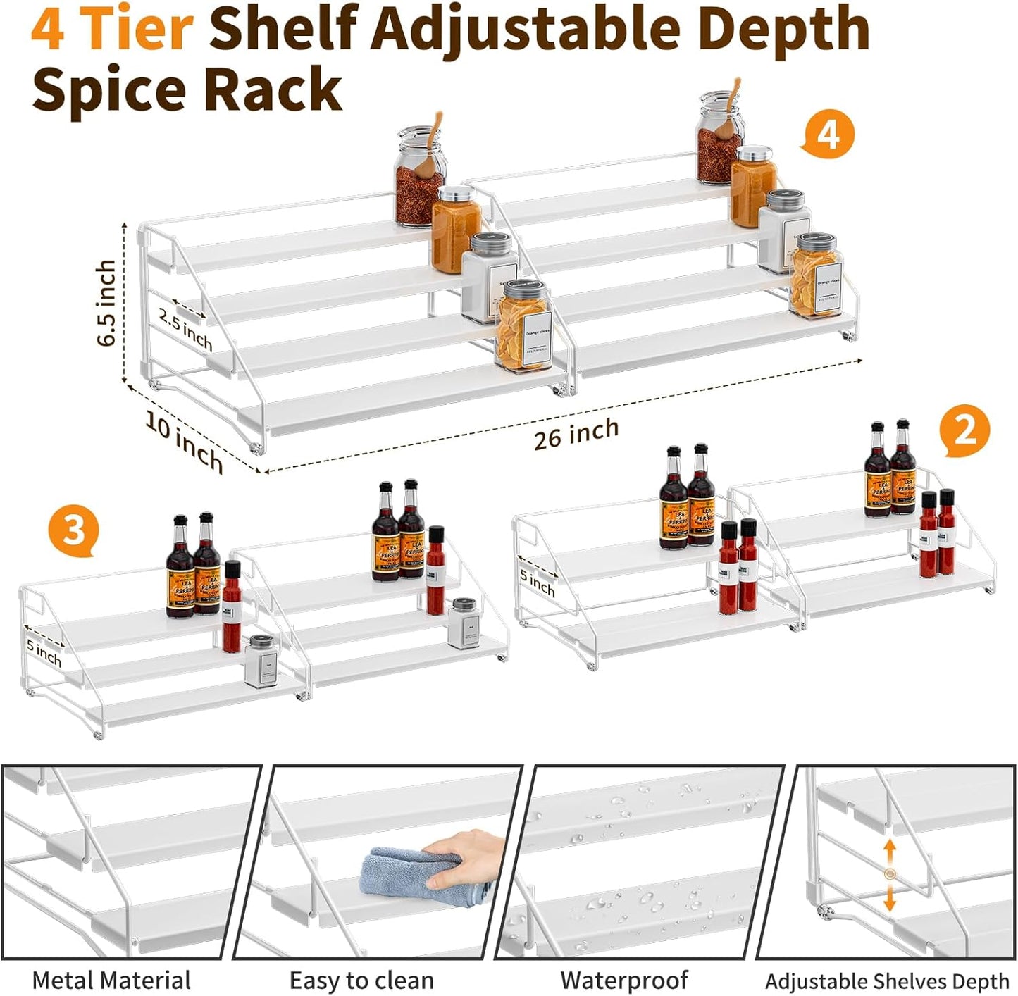 Spice Organization for Cabinet, Spice Rack Organizer, Spice Rack Organizer for Cabinet, Depth Adjustable Seasoning Organzier Organizer for Cabinet, Countertop, Pantry, Metal, White (2 Pack)