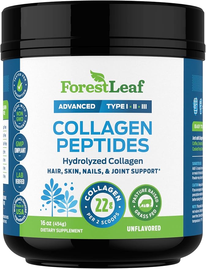 ForestLeaf Collagen Peptides Powder Unflavored - Hydrolyzed Grass Fed Keto Collagen Protein Powder Type 1, 2 & 3 - Vital Hair, Skin, Nails, Joints, Recovery, 11g Per Serving