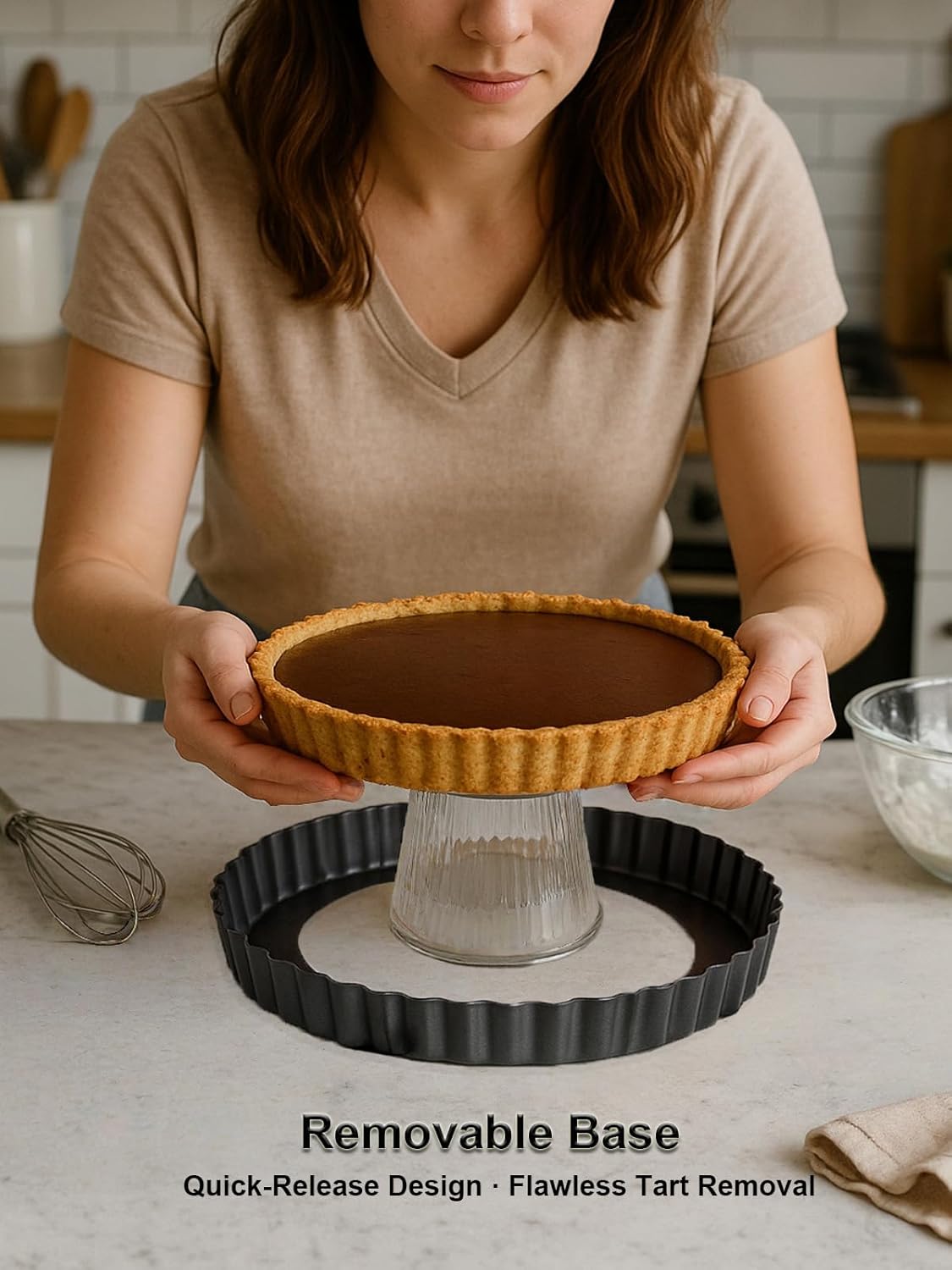 10 Inch Round Quiche Pans with Pie Cake Server. Removable Bottom, Non-Stick Coating, Rugged Carbon Steel for Tart Quiche Pie Baking. Gift for Women Wife Christmas Thanksgiving Party Festival