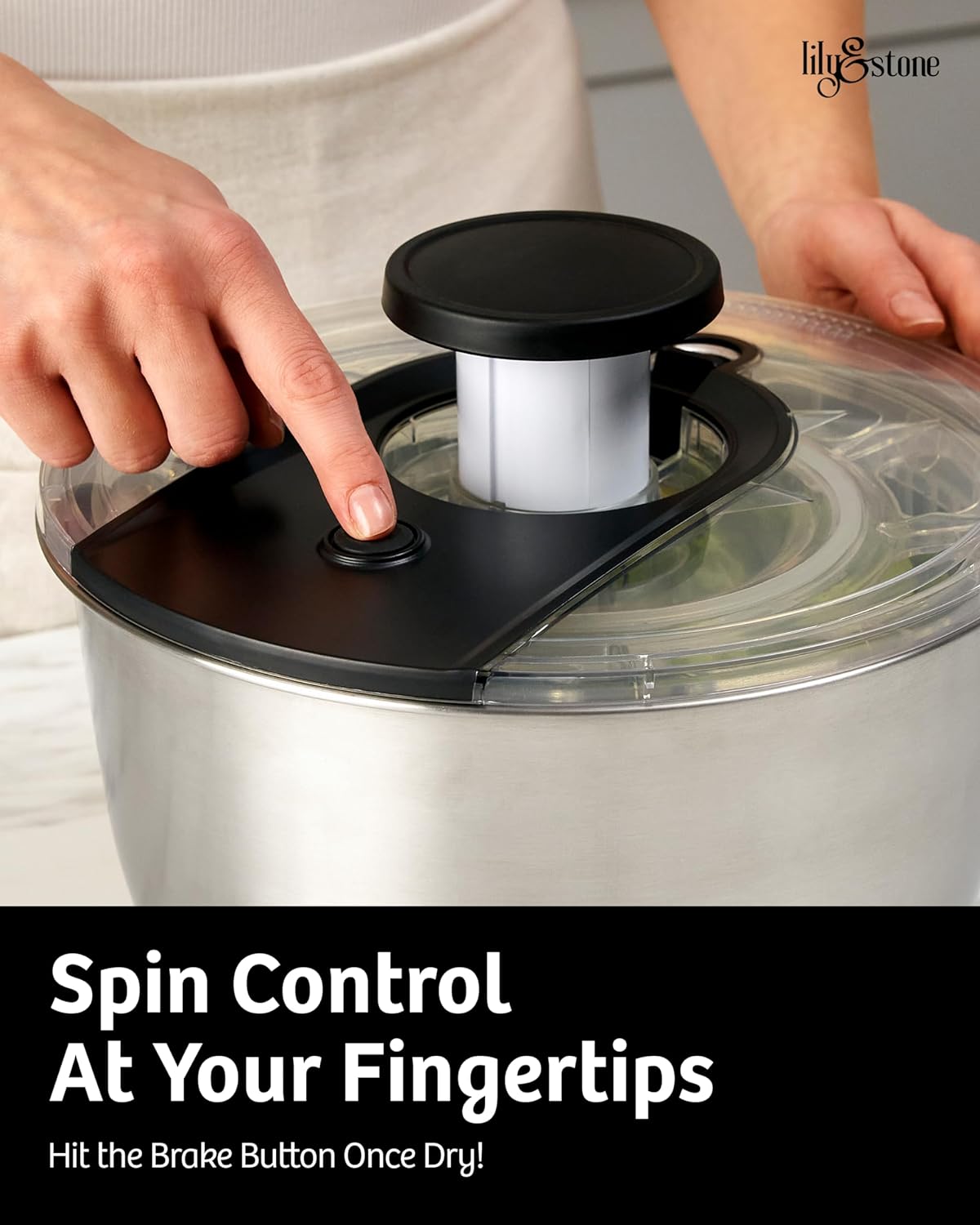 Stainless Steel Pump Salad Spinner Large - Easy Compact Kitchen Tool - Stainless Steel Bowl, Drain & Colander - Lettuce Spinner, Vegetable Dryer, Fruit Washer, Pasta & Fries Produce Strainer - 6.33 Qt