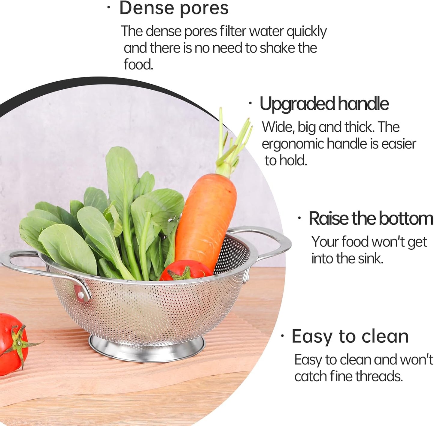 Premium Stainless Steel Colander for Kitchen, Food Strainer Basket with Handle and Solid Ring Base for Fruits Vegetables Rice and Pasta, Dishwasher Safe (3QT)