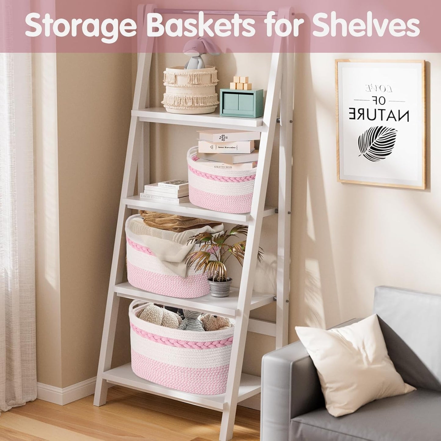 Woven Storage Basket, 3 Pack Pink Rope Basket for Shelves, HandWoven Cotton Rope Basket with Built-in Handles and Labels for Bathroom, Bedroom, Laundry, Pantry, Shelves