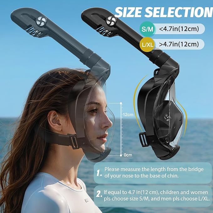Full Face Snorkel Mask, Snorkeling Gear for Adults Men and Women, 180 Degrees Panoramic View Snorkel Set Anti-Fog Anti-Leak, Dry Top System and Travel Bag for Swimming, Snorkeling