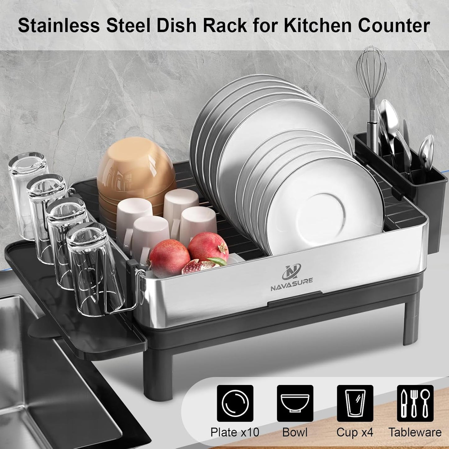 Dish Drying Rack | Stainless Steel Dish Rack for Kitchen Counter, Space Saving | Dish Drainer with Drainage & Utensil Holder | Escurridor de Platos para Fregadero (Black)