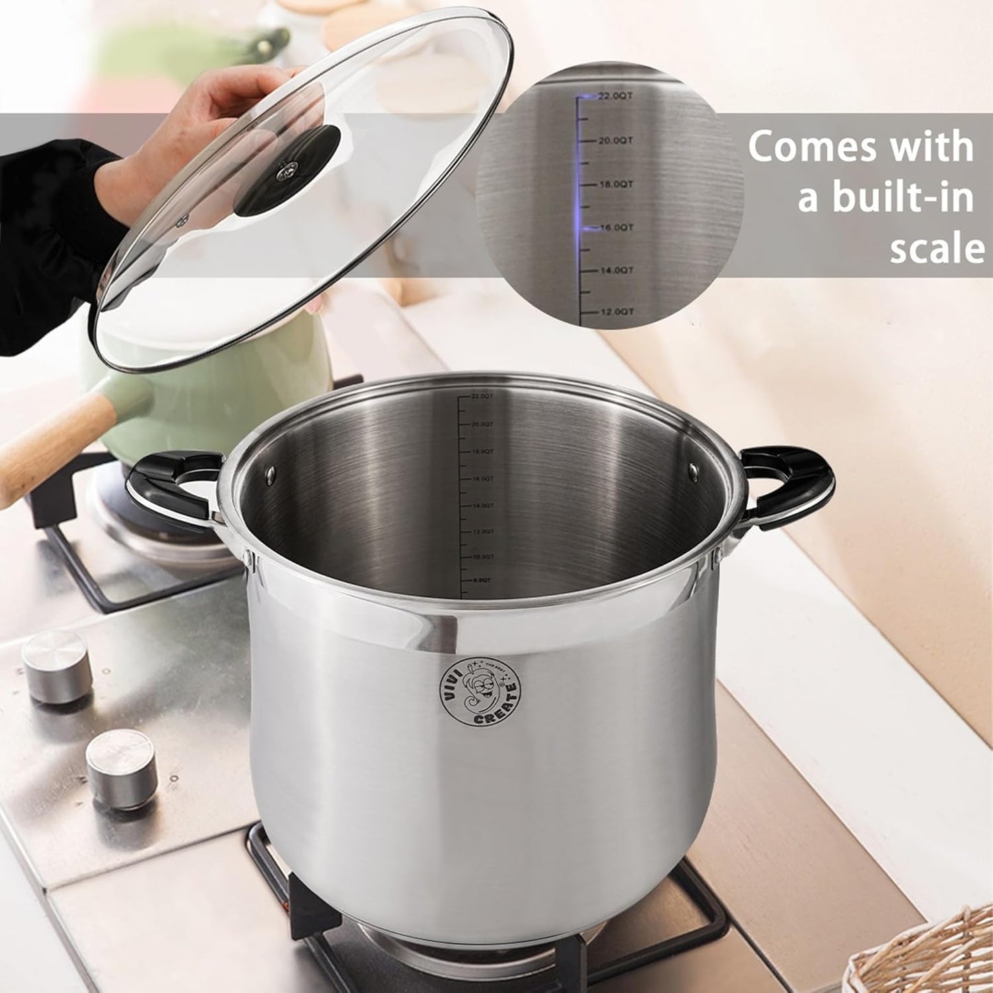 Vivicreate Stainless Steel Stock Pot with Lid for Induction Cooking Boiling Pasta Stew Soup Large Capacity Cookware with Handles for Kitchen Spaghetti Olla Olla de Acero Inoxidable (18.5 QT)