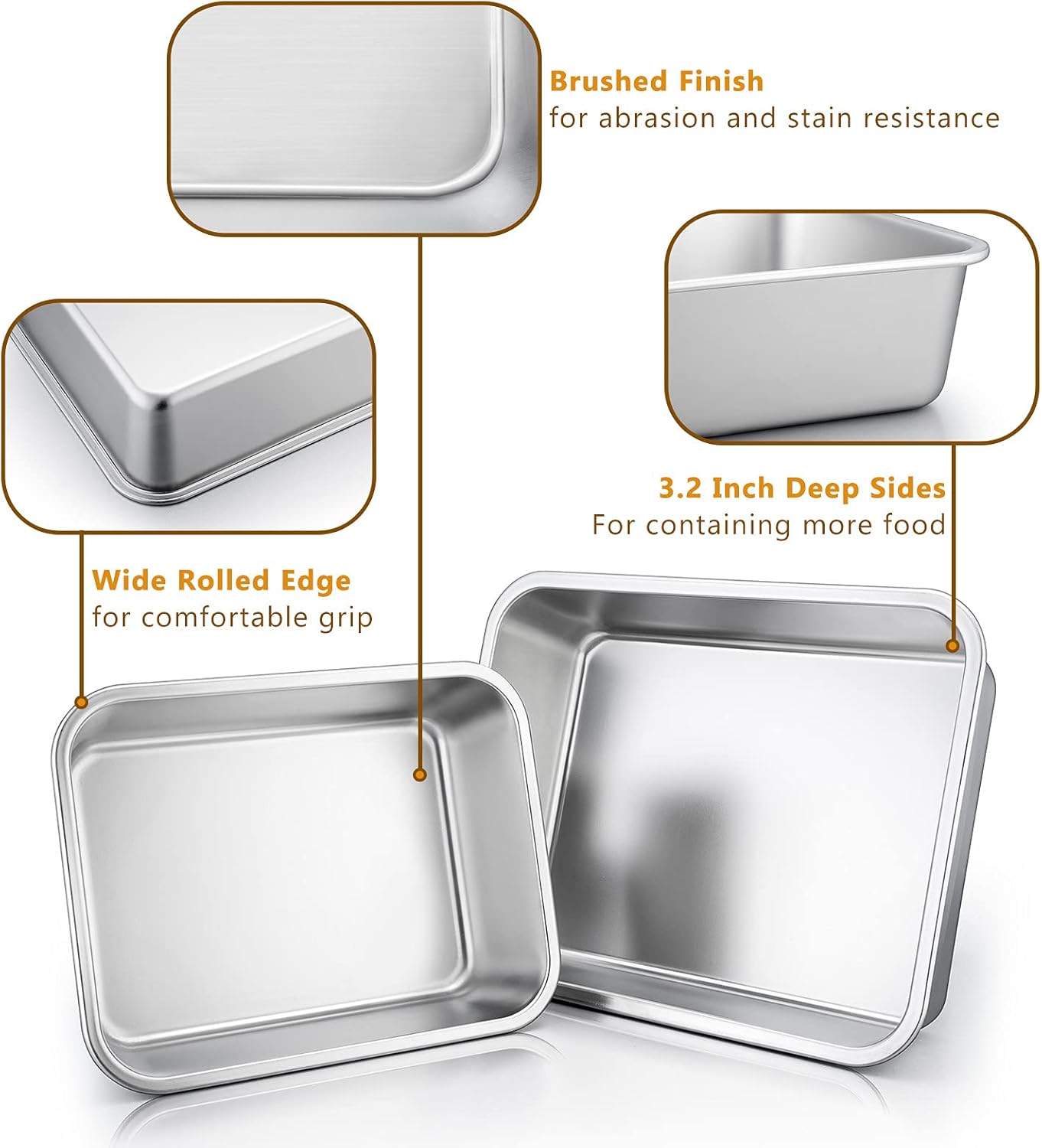 Deep Lasagna Pan Set of 2, E-far Stainless Steel Rectangular Roasting Baking Pans, 12.75 x 10 & 10.6x8.3 Inches Roaster Baking Dish, Non-Toxic & Heavy Duty, Dishwasher Safe