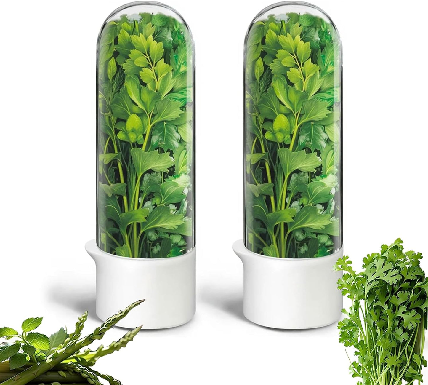 Herb Saver for Refrigerator, Herb Saver Pod Cilantro Containers for Refrigerator, Fresh Herb Keeper for Cilantro, Parsley, Asparagus, Mint, Keeps Greens Vegetables for 2-3 Weeks (Herb Keeper 2Pack)