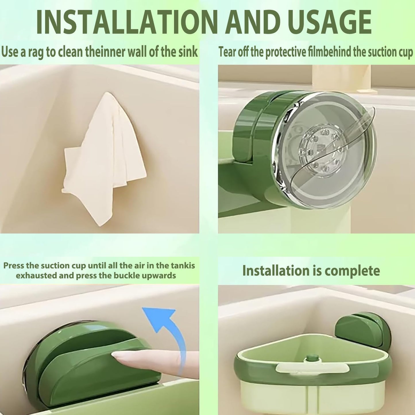 Suction Cup Sink Corner Rack,2025 New Upgraded Suction Cup Press S Ink Drainer Basket,Triangle Storage Rack with Drain Hole,Corner Sink Trash Catcher for Food Waste(Green)