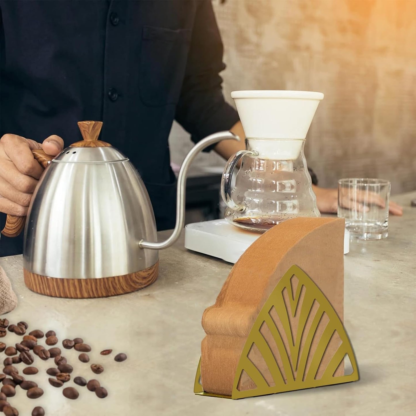 Resama Coffee Filter Paper Holder - Stylish Organizer with Leaf Texture for Kitchen, Cafe, and Office - Decorative Storage Container in Gold - Perfect for Home, Dining Room, and Outdoor Use