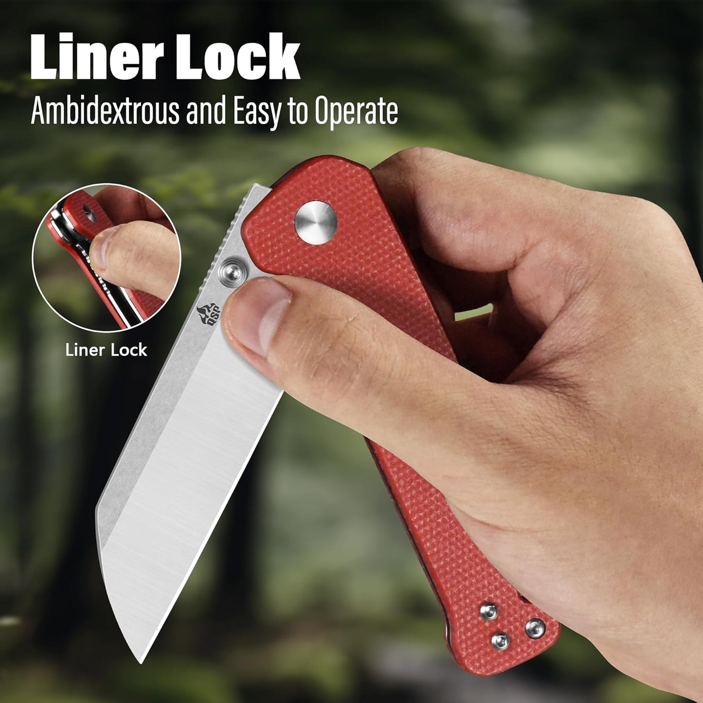 QSP Penguin V2 Folding Pocket Knife, 3.06" D2 Two Tone Finish Stonewash Satin Blade EDC Knife, Red Micarta Handle, Liner Lock, Ceramic Ball Bearings, Reversible SS Deep Carry Clip